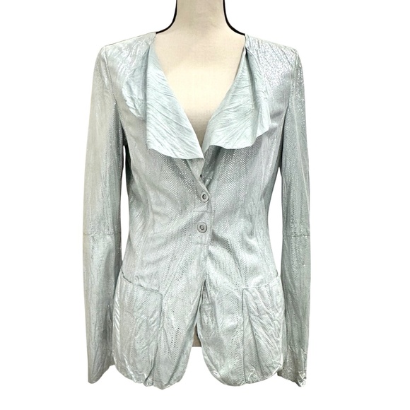 EMPORIO ARMANI LEATHER SILVER PATTERNED JACKET - Picture 1 of 13